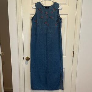 Vintage 90s Denim & Co. Sleeveless Floral Embroidery Maxi Dress Jumper Sz Small